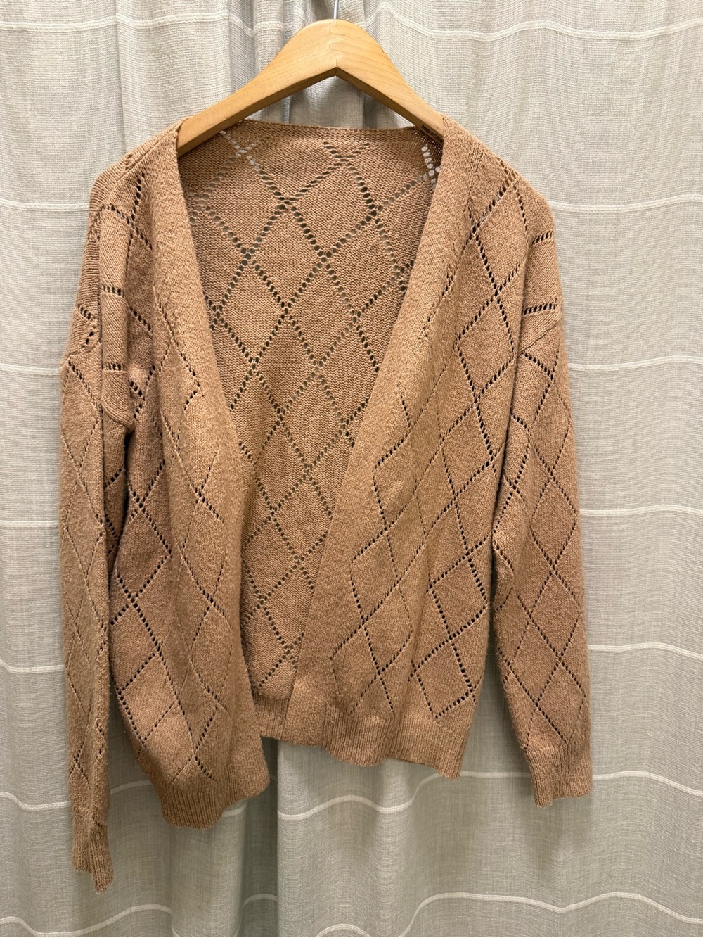 Open-Front Tan Diamond Knit Women's Sweater Cardigan